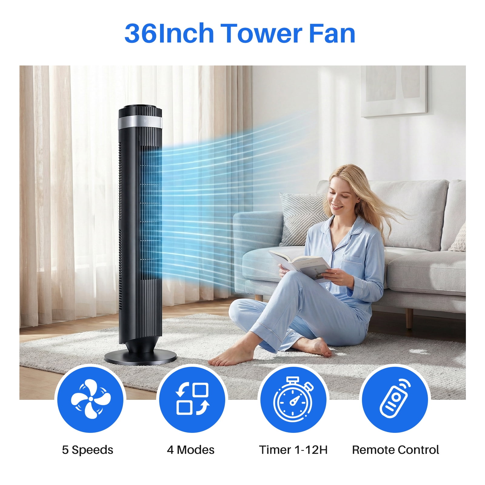 EDX Bladeless Tower Fan for Bedroom, 25ft/s High Velocity 28dB Quiet DC Fan, 5 Speeds 4 Modes, 12H Timer 64°Oscillating, Remote Standing Fan for Home Office Indoor, Black