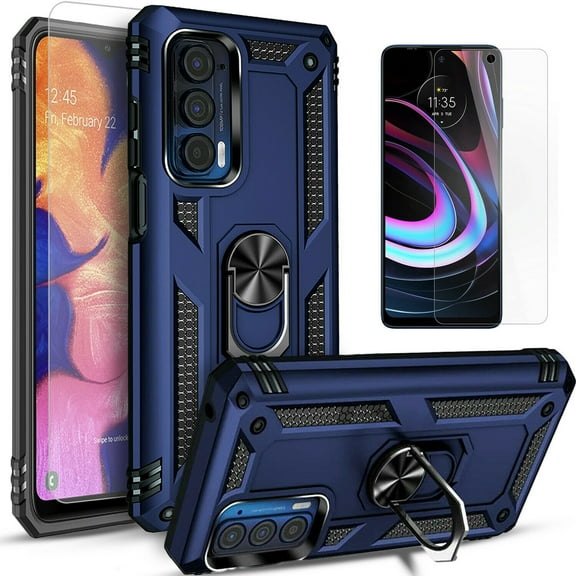 Starshop Case for Motorola Moto G52,  Glass Screen Protector Drop Protection Ring Kickstand Cover Blue