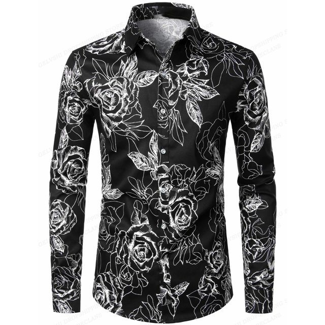 Camisas hawaianas con rosas rojas Camisas con estampado floral Camisas de moda para hombres Blusa de playa de manga larga Blusa blanca Ropa para hombres Voion