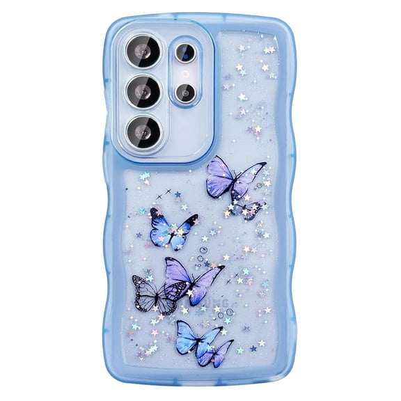 Poweltek Bling Glitter Curly Wave Frame For Samsung Galaxy S26 Ultra, 3D Butterfly Star Clear Case Cover for Women Soft TPU Silicone Shockproof Protective Bumper, Blue