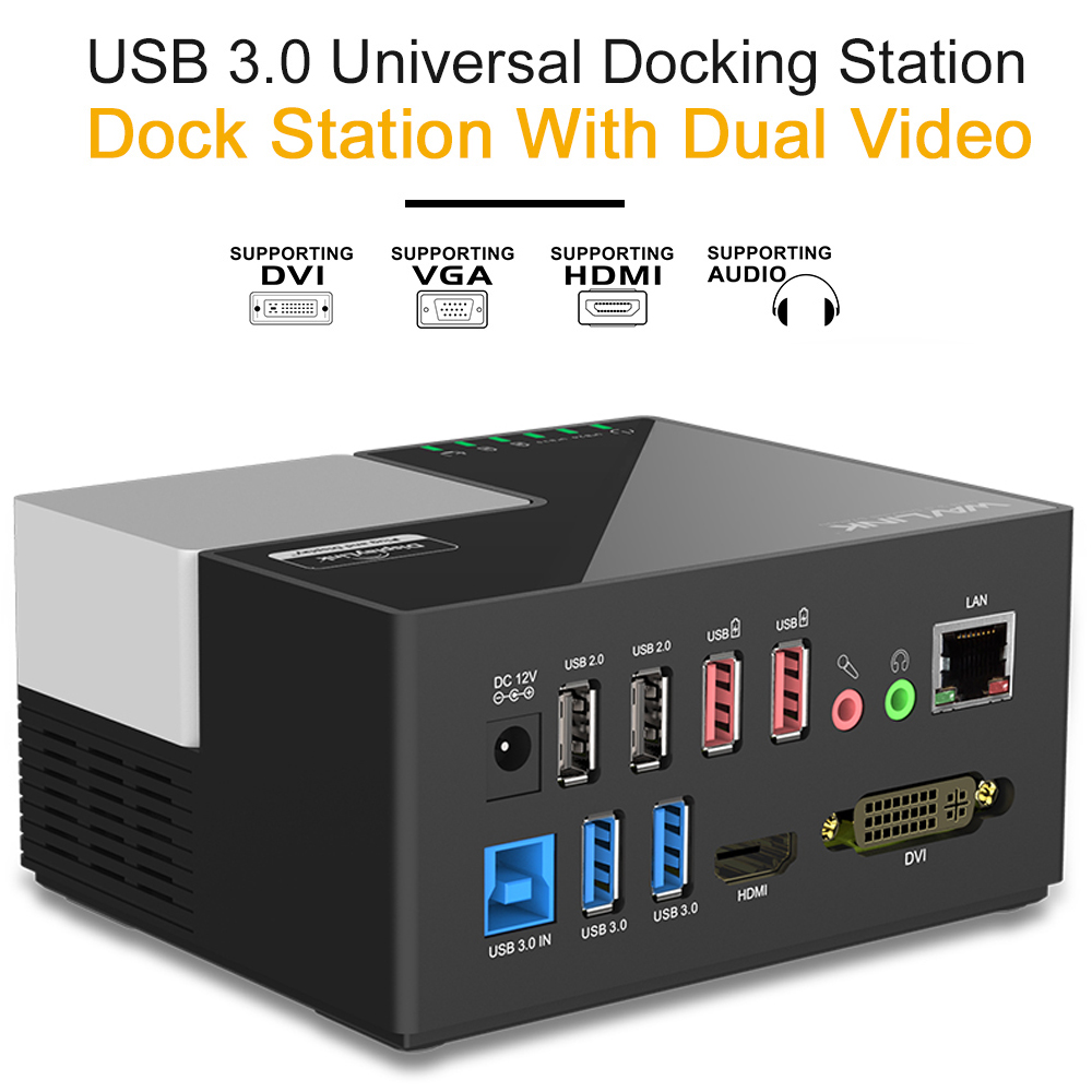 Wavlink Universal USB 3.0 Dual Video Docking Station with DVI / HDMI/ USB Hub, Quick Charging, Gigabit Ethernet, Audio, Mic, Supports for Windows Mac OS - image 1 of 7