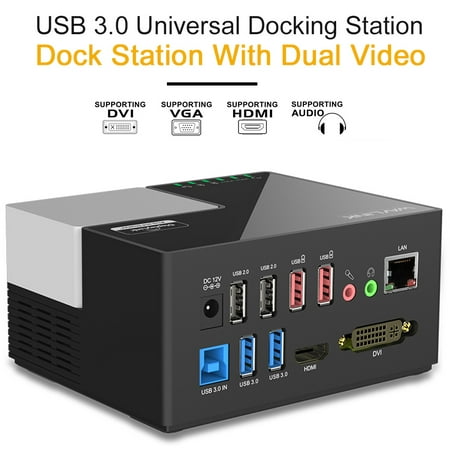 Wavlink Universal USB 3.0 Dual Video Docking Station with DVI / HDMI/ USB Hub, Quick Charging, Gigabit Ethernet, Audio, Mic, Supports for Windows Mac (Best Docking Station For Ipod Classic)