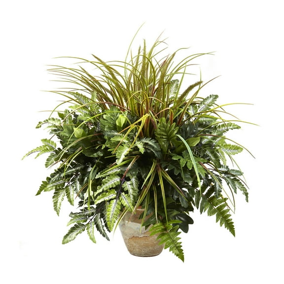 Nearly Natural 28in. Plastic/Polyester Mixed Greens & Grass Artificial Plant with Ceramic Planter