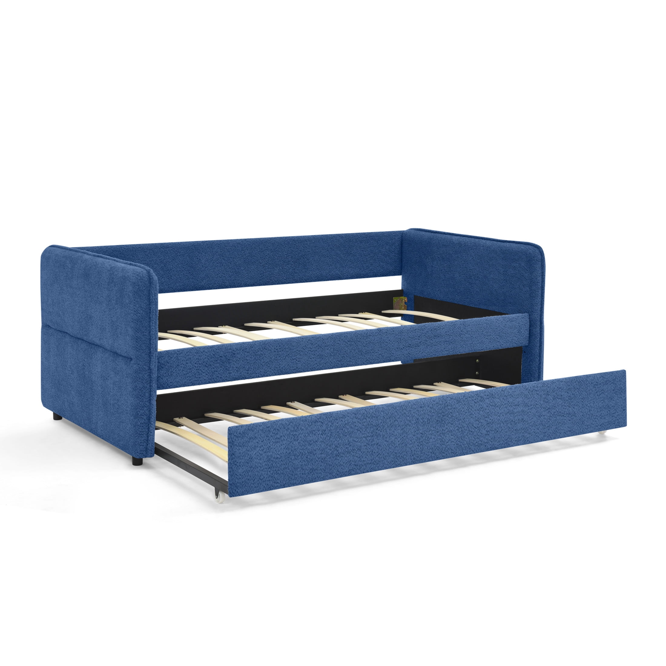 Noble House Zenton Twin Size Boucle Daybed, Tufted Sofa Bed Frame with Trundle, Modern Guest Sleeper Couch, Blue