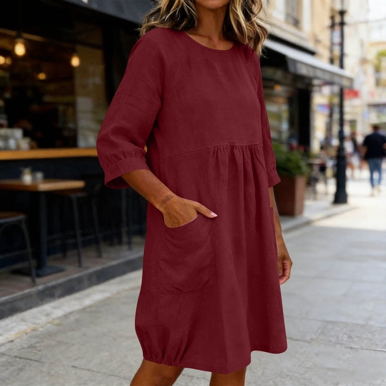 burgundy summer dress women Rohuuque For 3/4 Sleeve Round Neck Cotton Pocket Casual Loose Mid Calf Dress Daily Burgundy, Women's, Size: 2XL, Red Work Dresses - Ponte,