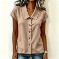 thumbnail image 5 of sdhkgrrt Women Short Sleeve Button Down Shirts Summer Casual Collared Tops Solid Slim Fit Pullover Blouses Cute Office Work Outfits Clothes, Beige L, 5 of 8