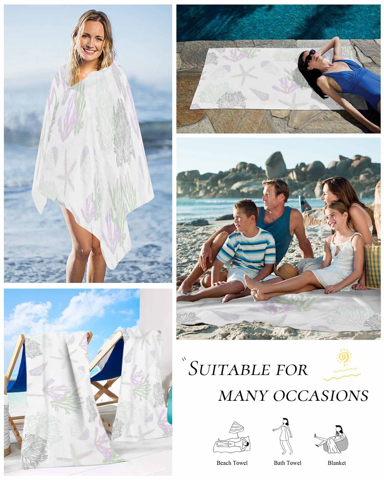 Sage Green Purple Coral Coastal Beach Towels Oversized Super Absorbent, Nautical Starfish Beach Lightweight Bath Towel Quick Dry Sets For Bathroom/Pool/Rv Camping/Beach Play/Gym Room/Picnic 35"x70"