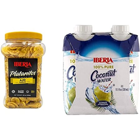 Iberia Garlic Plantain Chips, 20 Oz. + Iberia 100% Natural Coconut Water 11.1 Oz (Pack Of 4)