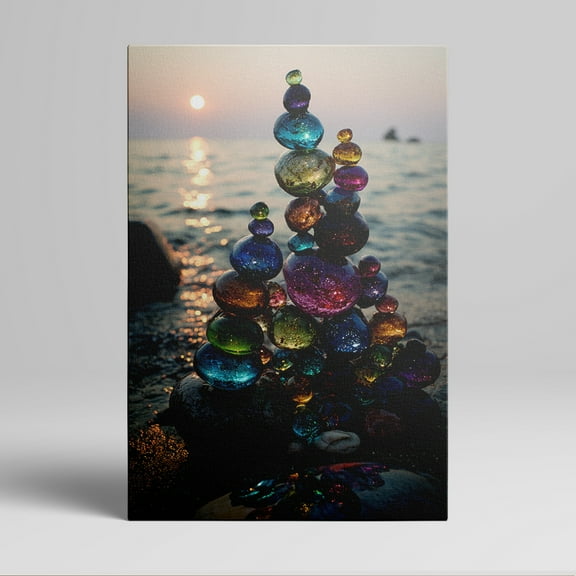 1pc Colorful Sea - side Glass Pebbles Stacked against Sunset Framed Decor room hanging Wall Picture Decor for Home Gifts, living room, bathroom, bedroom, kitchen wall art decor canvas wall art