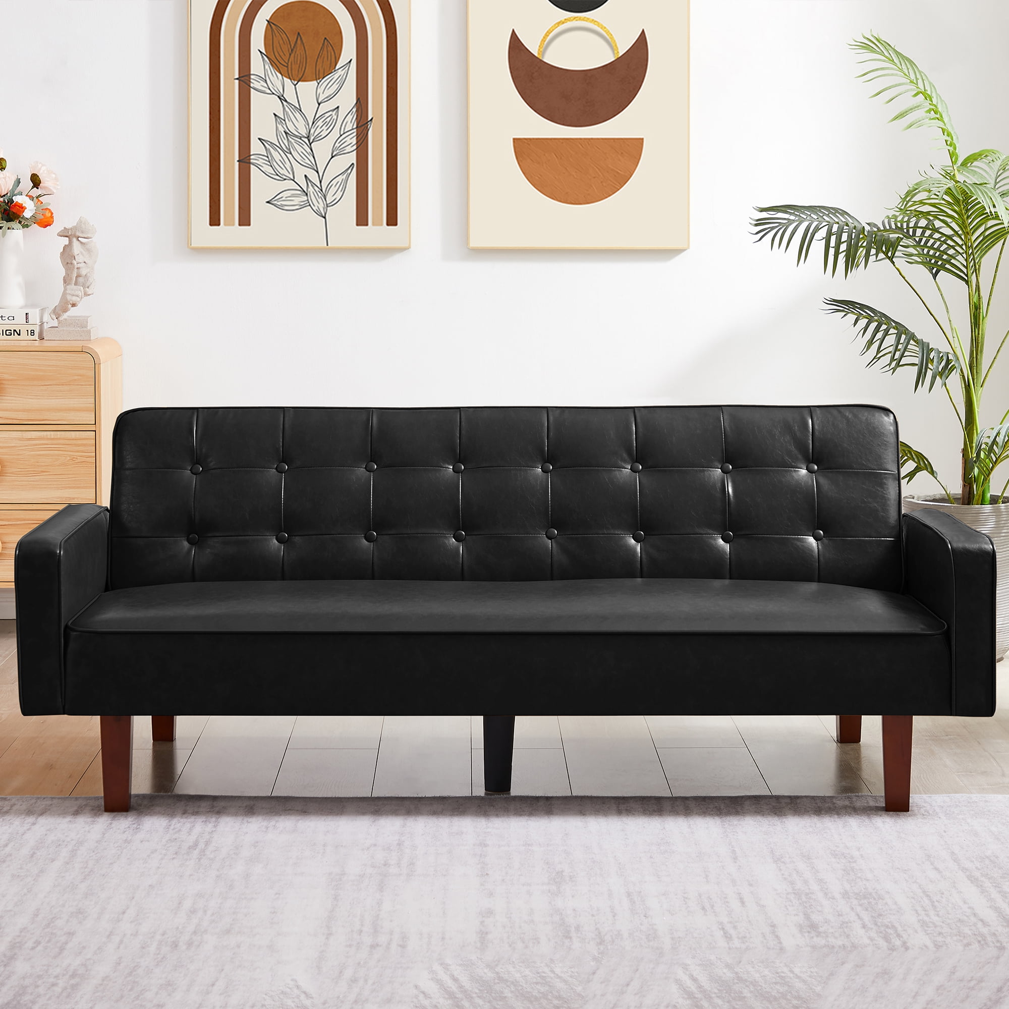 Lemacte Black Faux Leather Futon Sofa Couch,Button Tufted Convertible