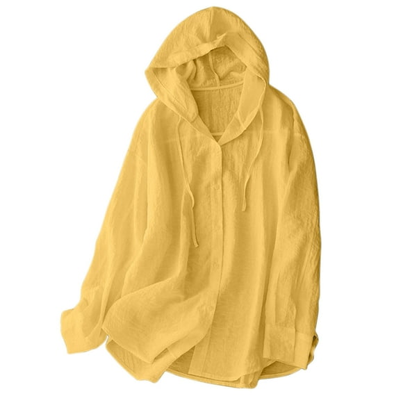 Brnmxoke Ladies Hooded Jacket Summer Linen Gauze Sun Protection Long Sleeve UV Shirt Dressy Casual Button Down Blouses with Pockets Yellow,XXL
