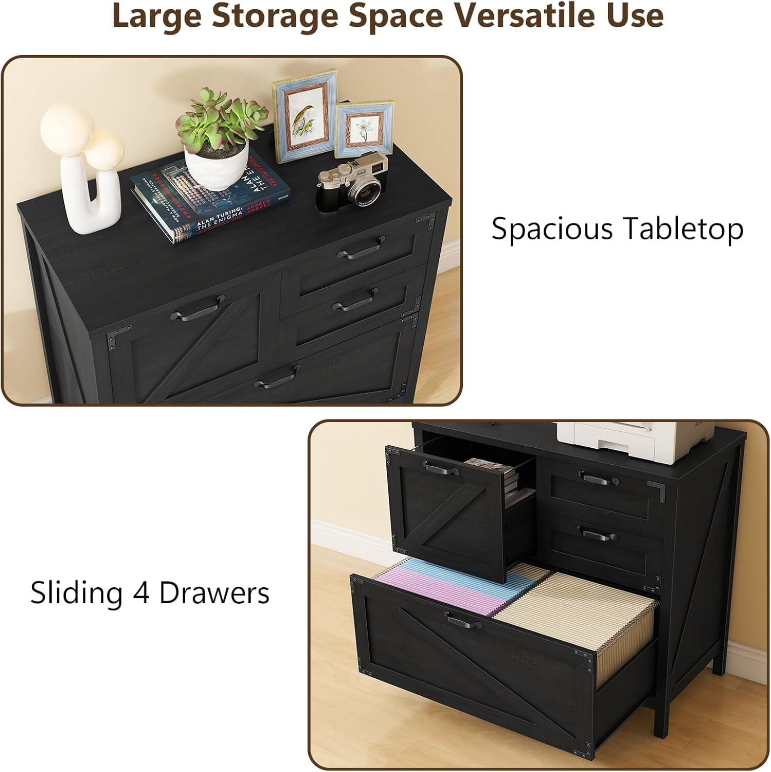 Vabches Lateral File Cabinet with 4 Drawers, Farmhouse Large Wood File Storage Cabinets Printer Stand for Home Office Cabinet