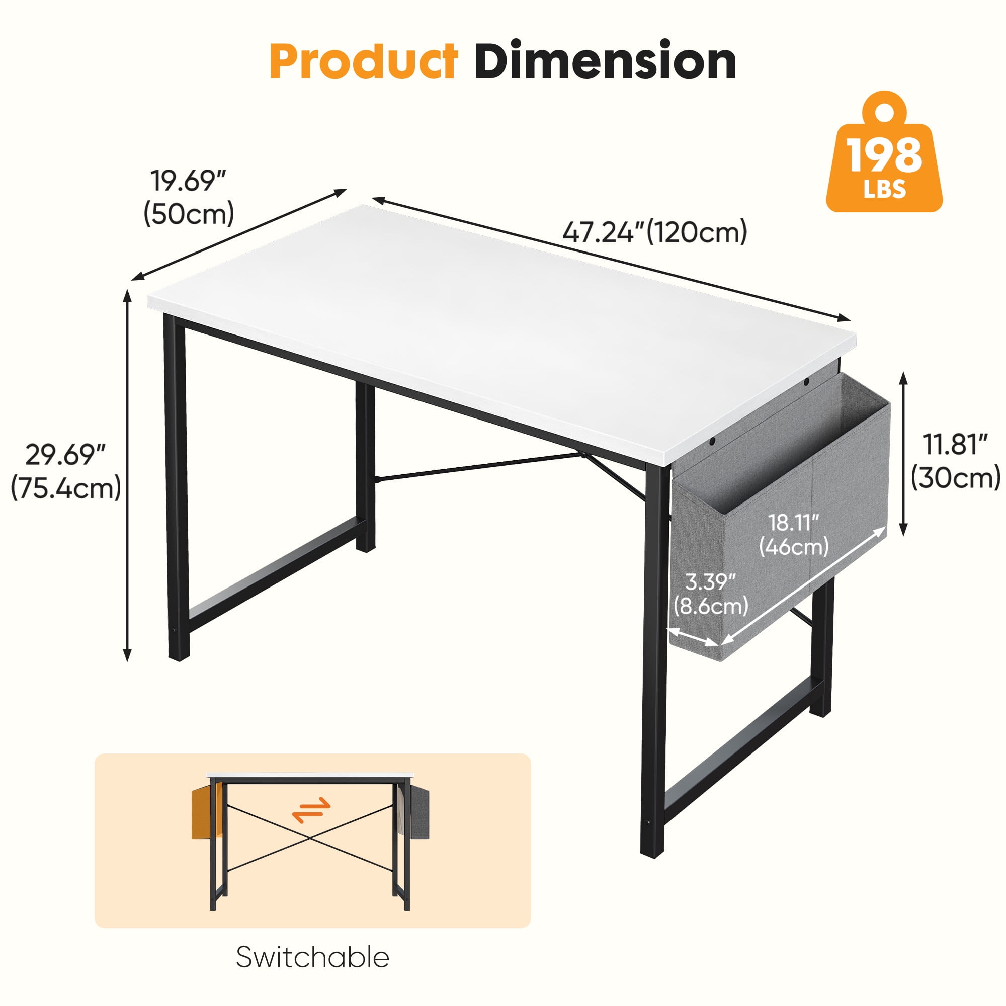 EDX 47" Computer Desk with Metal Frame, Scratch-Resistant Surface & Side Storage Bag – Modern Office Desk, White