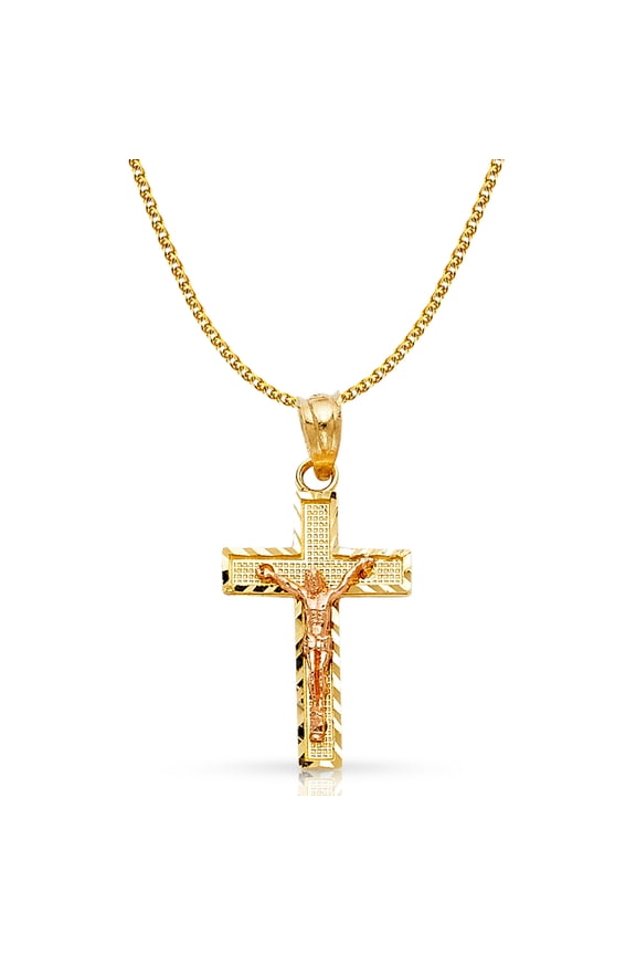 14K Two Tone Gold Jesus Crucifix Cross Pendant with 1.4mm Flat Open Wheat Chain Chain Necklace - 16"