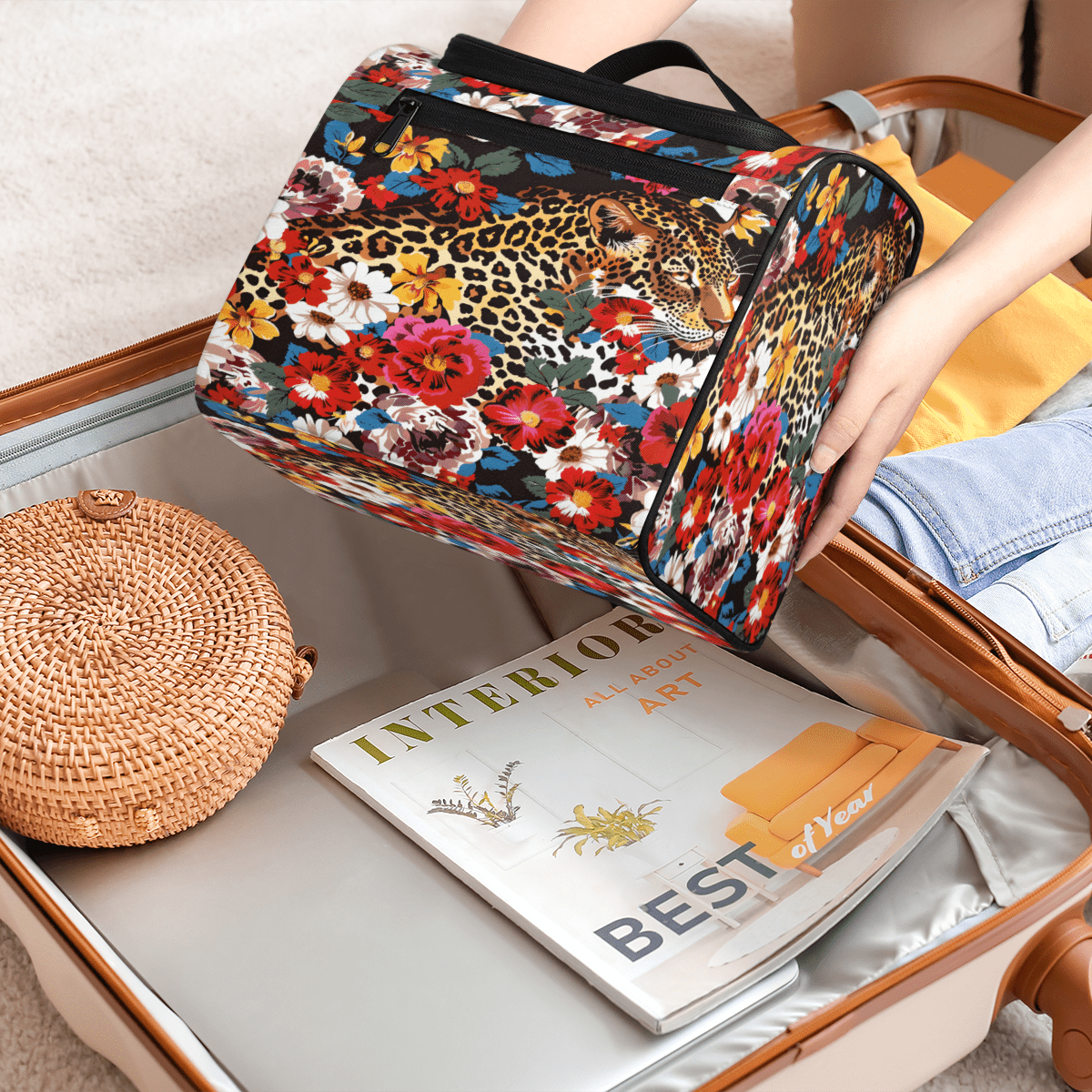 Herdesigns Leopard Cheetah Flower Toiletry Bag for Women, Travel Makeup Bag, Waterproof Hanging Cosmetic Organizer for Toiletries & Makeup Essentials
