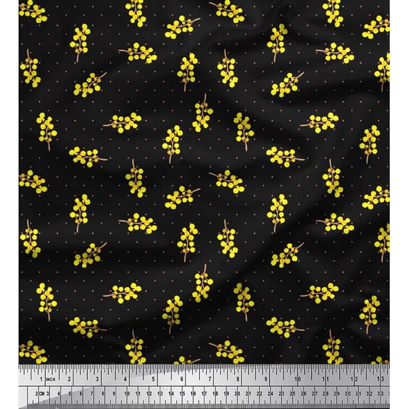 Soimoi Black Modal Satin Fabric Yellow Flower & Dots Printed Fabric 1 Yard 42 Inch Wide