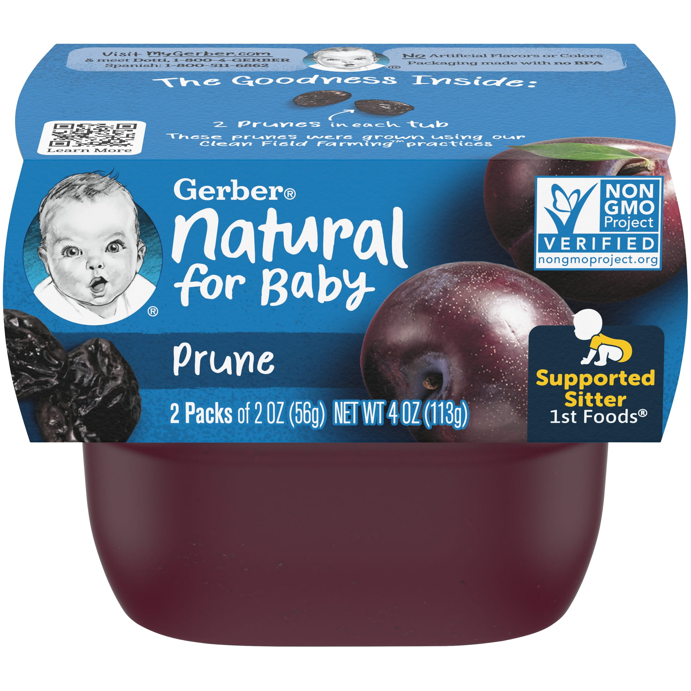 Gerber Natural Stage 1 Baby Food, Prune, 2 oz Tubs (16 Pack)