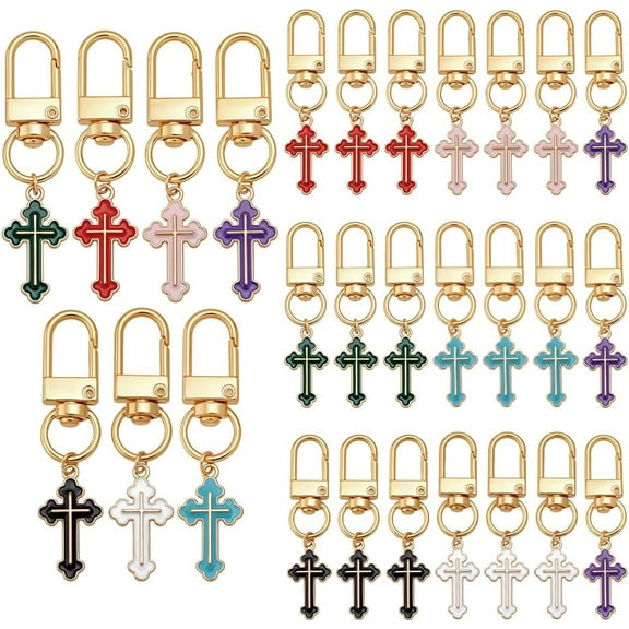 28pcs Keychains 7 Colors Alloy Enamel Crosses Key Chain Car Keys Ring Accessories Bag Charm Decoration with Alloy Swivel Clasp