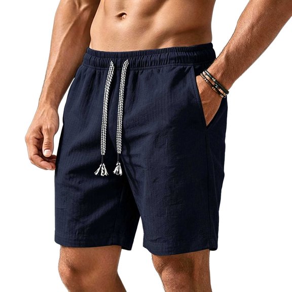 hlysgo Mens Texture Elastic Waist Shorts Big and Tall Drawstring Lightweight Short Casual Summer Beach Shorts with Pockets Navy,2xL