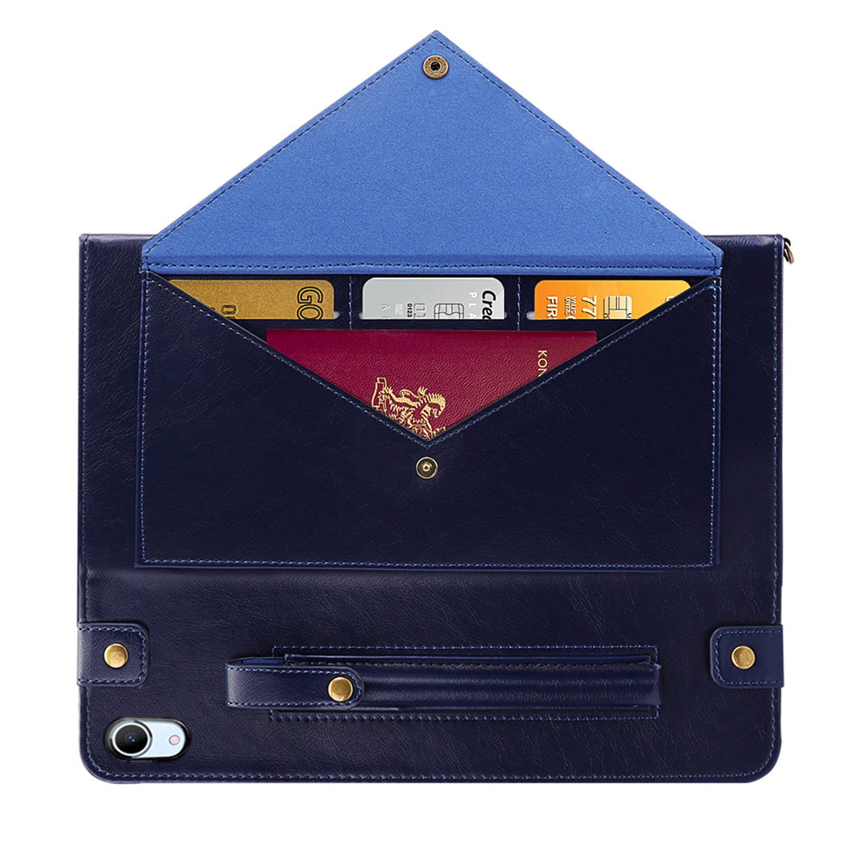 for iPad (A16) 11th Gen 2025 / iPad 10th Gen 10.9" 2022 PU Leather Case, with Pencil Holder, Money Pocket, Shoulder/Hand Strap, Card Slots Kickstand Flip Cover, Full Body Protection, Blue