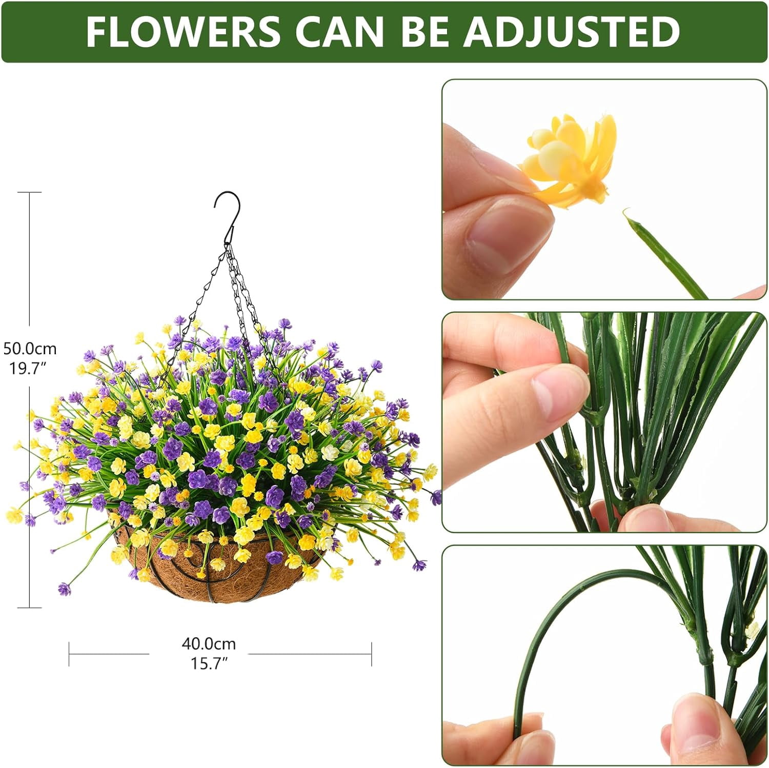 Artificial Hanging Flowers in Basket for Patio Garden Decoration,Artificial Daisy Arrangement,Fake Plants in inch Coconut Lining Basket for Outside Spring Decor(Purple Yellow)