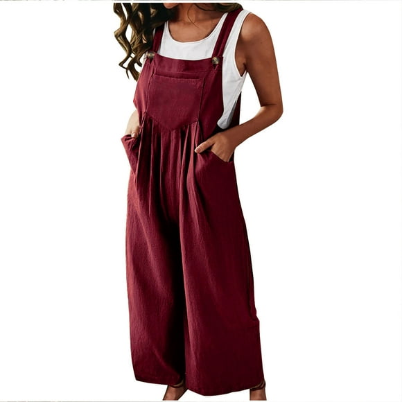 Women Summer Sleeveless Cotton Linen Bib Overalls Baggy Wide Leg Jumpsuits Solid Lounge Beach Rompers with Pockets