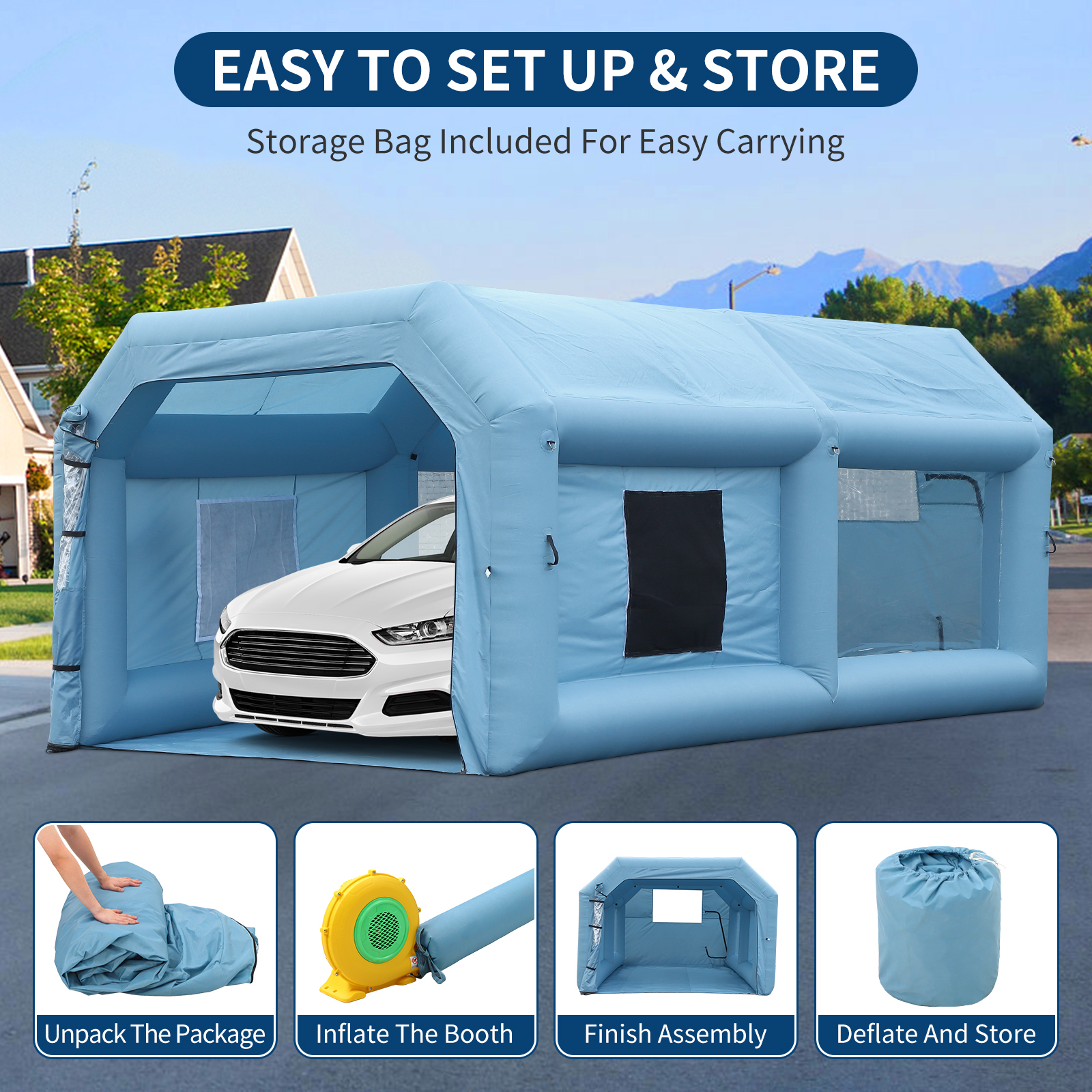 Inflatable Spray Paint Tent, Blue Portable Spray Shelter with 3-Layer HEPA Filtration & High-Speed Blower for Garage, Workshop, Car & Furniture