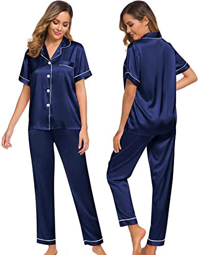SWOMOG Womens Satin Pajama Pants Long Sleeve Silky Sleep Pants Loungewear Pj Bottoms Pants Nightwear Trousers with Pockets 