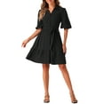 thumbnail image 2 of INSPIRE CHIC Women's Collar V Neck  Belted Bubble Half Sleeve Tiered Above Knee Shirt Dress XS Black, 2 of 6