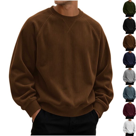 Men's Corduroy Crewneck Sweatshirt Raglan Long Sleeve Pullover Loose Fit Ribbed Knit Streetwear Top for Fall Winter Casual Travel Cozy Shirt, Coffee, XL