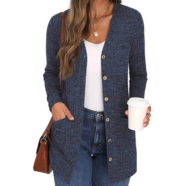 Innerwin Cardigan en Tricot à Manches Longues pour Femmes, Vêtement d'Extérieur, Vacances, Couleur Unie, Cardigans Doux, Bleu Royal, TG