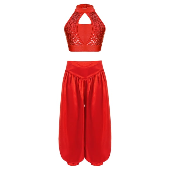 YiZYiF Kids Girls Indian Belly Dance Costume Sequins Halter Crop Top and Satin Bloomers Pants Halloween Performance Sets Red 8