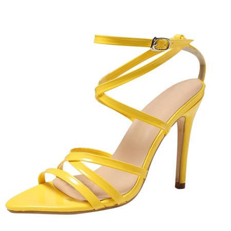 

high heels for Women Fashion Women s Spring And Summer Buckle Strap High Heel Sandals PU heeled sandals Yellow