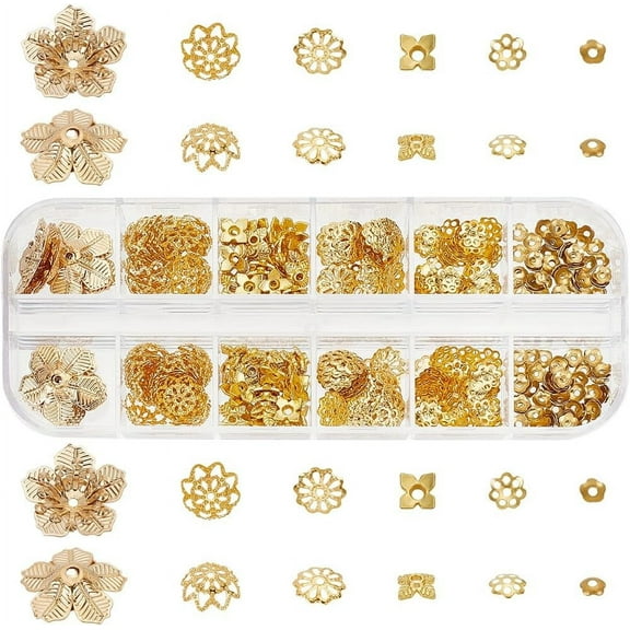 390Pcs Bead Caps 6 Styles Flower Bead Caps Iron Alloy Brass Metal Bead Caps Bails End Charm Caps Spacer Beads DIY