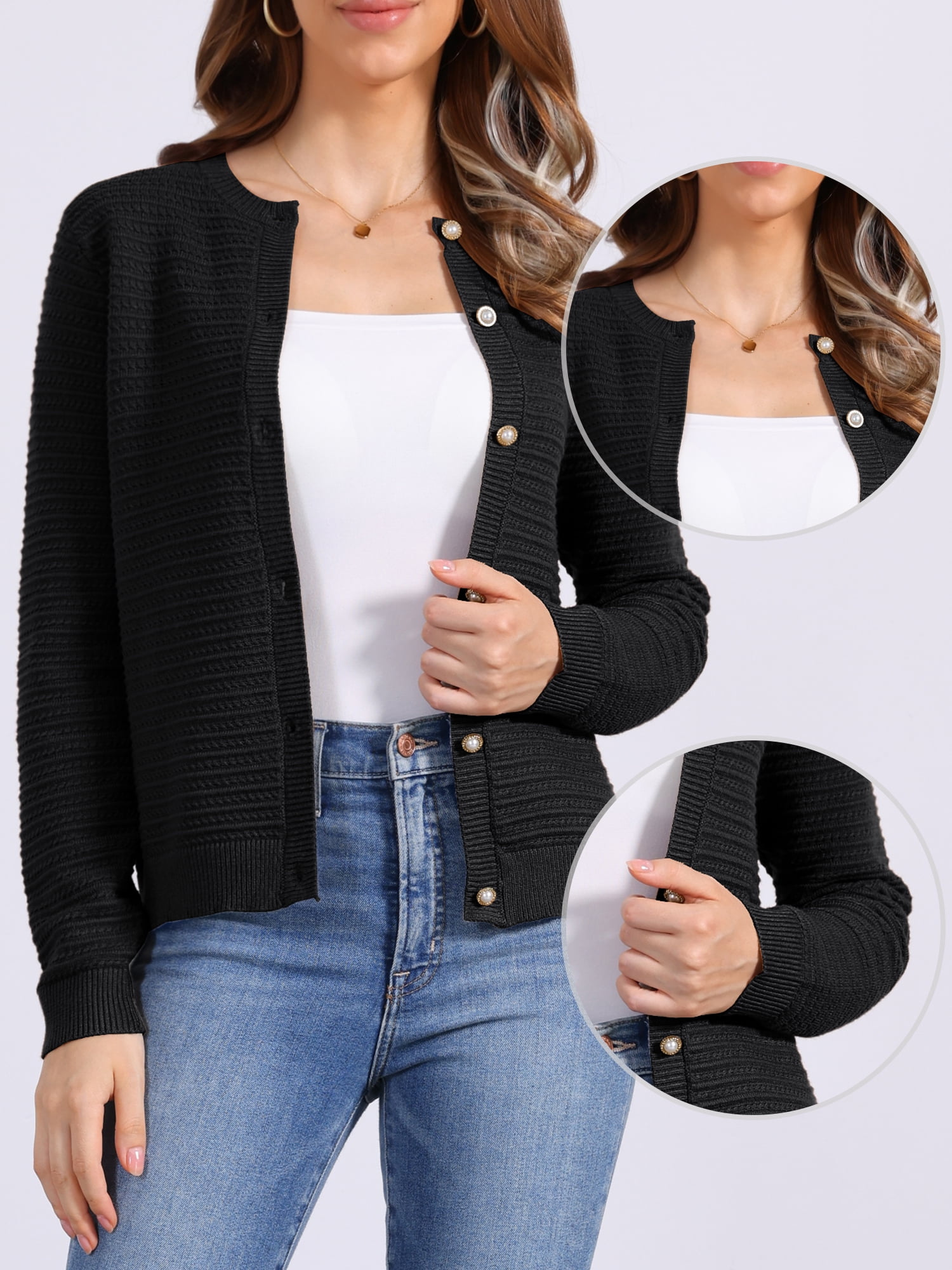 DARING DIVA Women's Crew Neck Long Sleeve Open Front Button Down Cardigan S Black