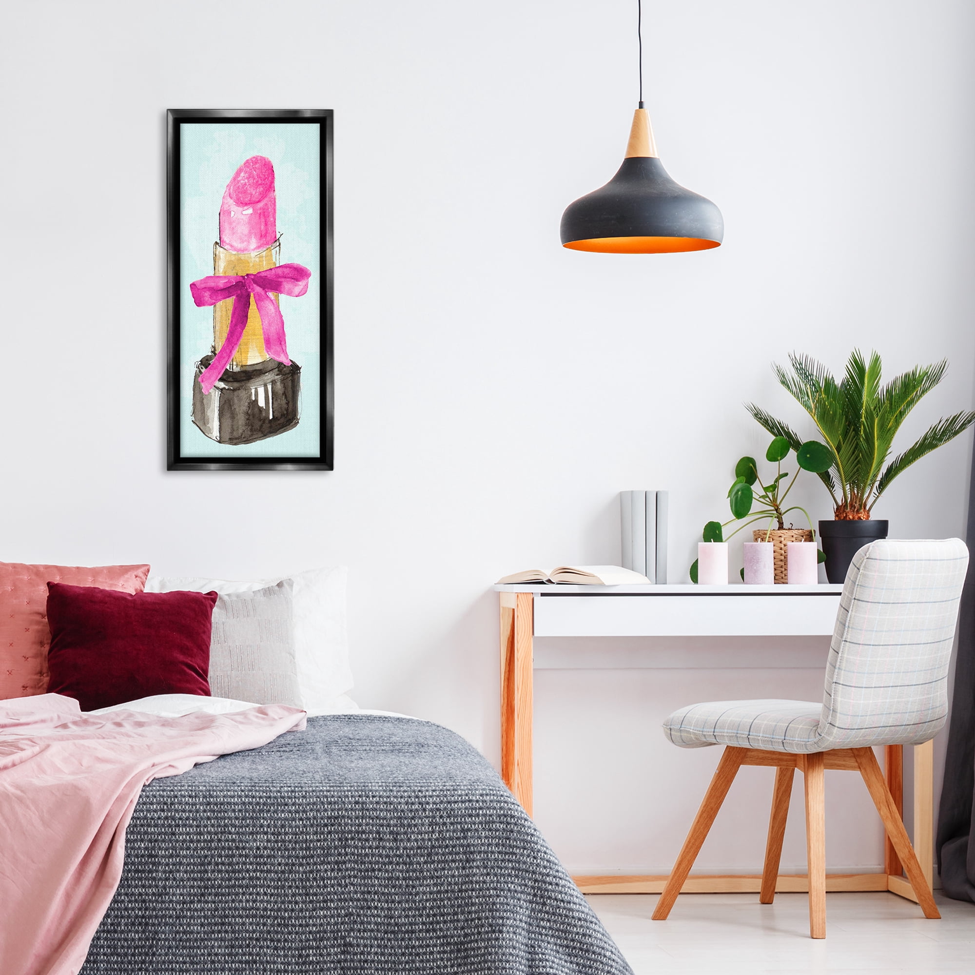 Stupell Industries Lipstick & Pink Bow Fashion Painting Black Floater Framed Canvas Art Print Wall Art, 14 x 31