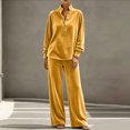 thumbnail image 6 of Szluipve Women Velvet 2 Piece Outfits Stand Collar Henley Button Long Sleeve Top & Elastic Waist Wide Leg Pants Casual Loungewear Matching Set Yellow XL, 6 of 6