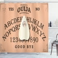 thumbnail image 1 of Ouija Board Shower Curtain, Playing Ouija with Magnifying Glass on Scribbled Letters Background, Fabric Bathroom Set with Hooks, 69W X 84L Inches Extra Long, Peach Ivory and Brown, by Ambesonne, 1 of 3