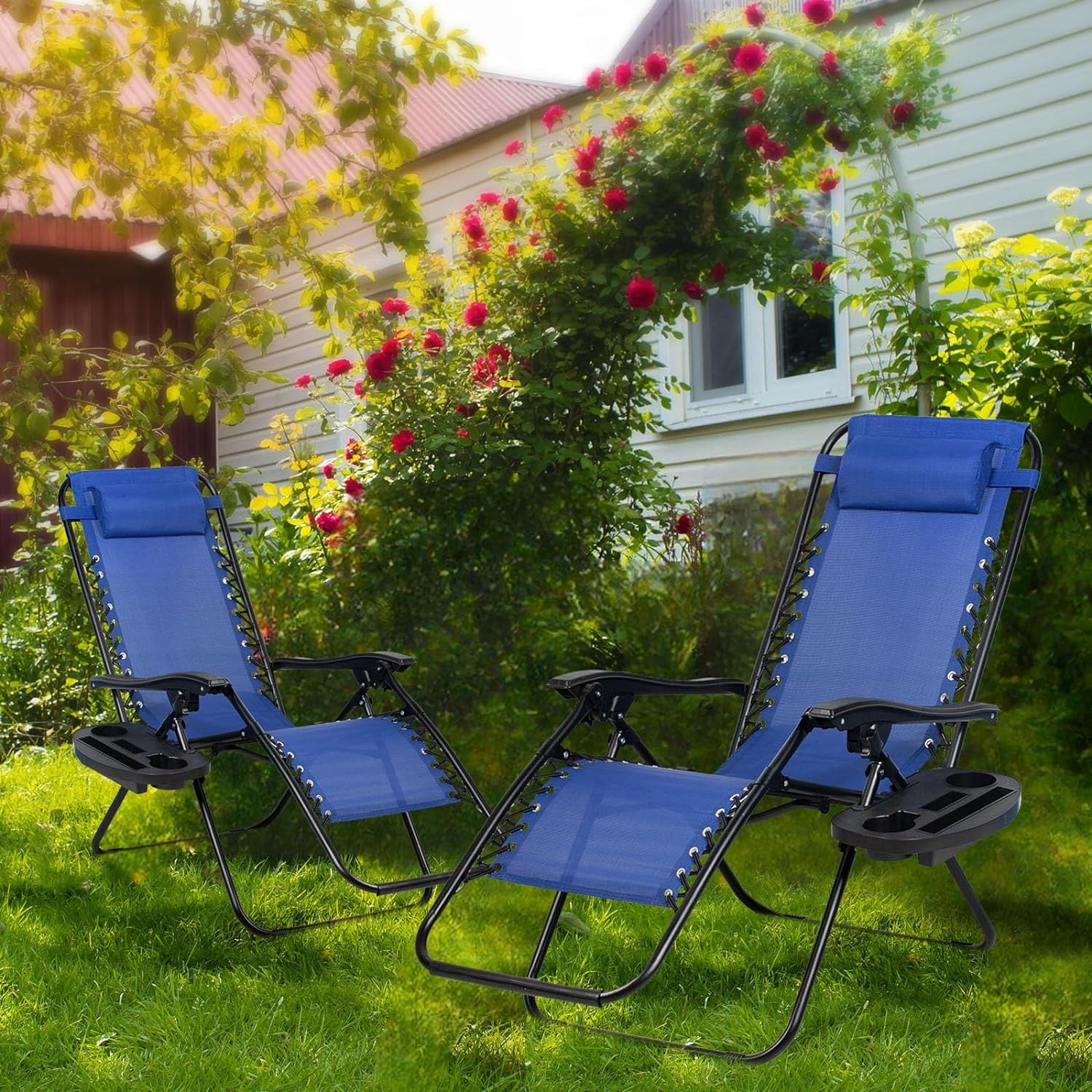 Lavish Home Zero Gravity Lounge Chairs (Set Of 2) – Adjustable, Padded, With Side Table & Cup Holders, 300lb Capacity