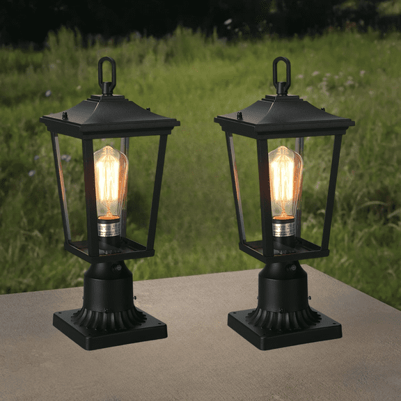 2 Pack Dusk to Dawn Outdoor Post Lantern, 17 Inch Pillar Light with Pier Mount Base, Rectangular Clear Glass Exterior Post Light for Patio, E26 Base, Black