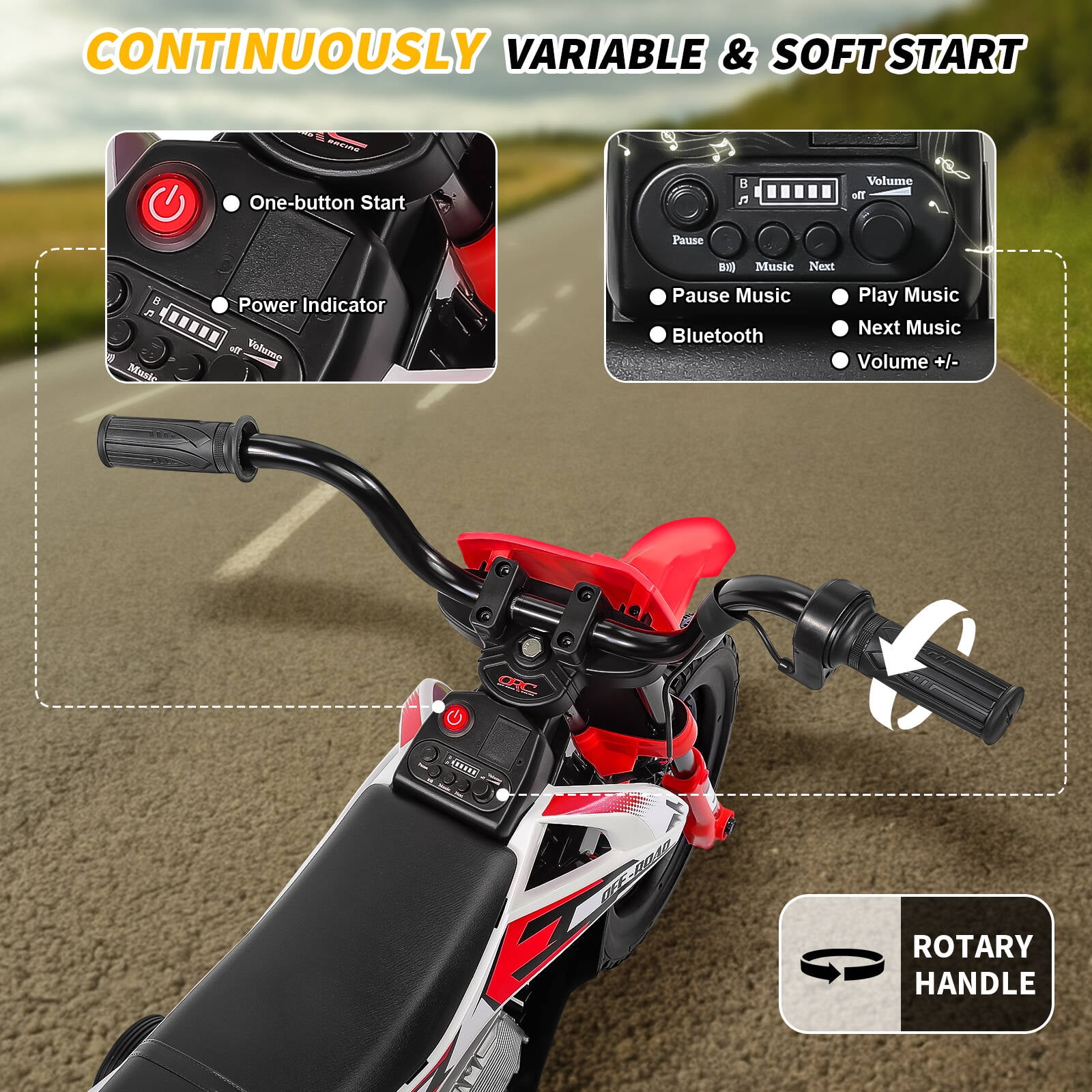Tapoja 12V Kids Electric Dirt Bike w/ Twist Grip Throttle, Ride on Motorcycle w/ Training Wheels, Powered Ride on Toys for Boys Girls Ages 3-8, Spring Suspension, Dual Motors, Bluetooth, MP3