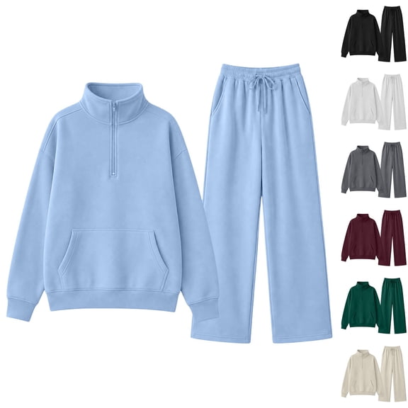 BODOAO Women's Quarter Zip Sweatshirt Set 2 Piece Half Zip Stand Collar Pullover and Wide Leg Sweatpants Fleece Lined Warm Sweatsuit Tracksuit for Lounge Workout Casual Multi Colors Light Blue 3XL