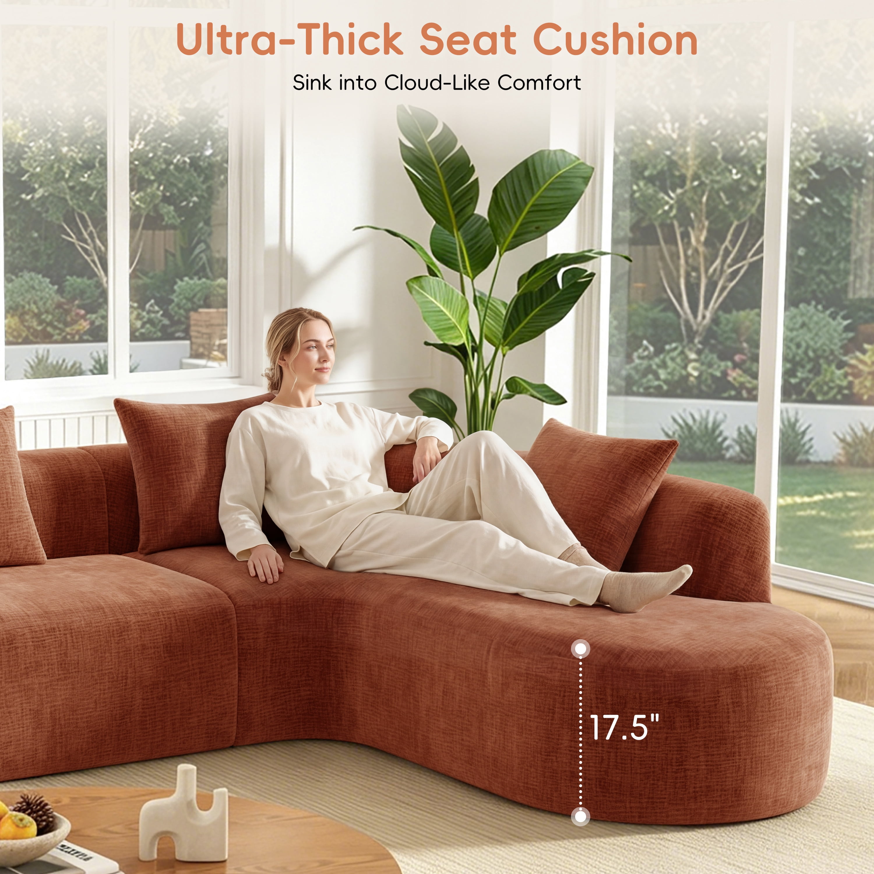 GARITIN Curved Cloud Couch 116.5 Inch, Oversized L Shaped Chenille Sectional Sofa with High Resilience Foam for Living Room, Orange