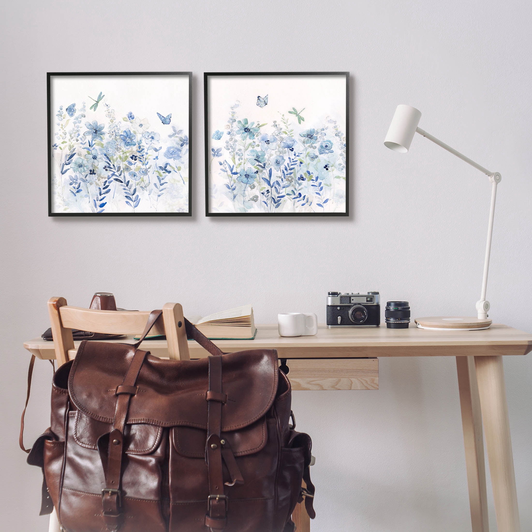 Fluttering Insects Blooming Blue Garden Botanical & Floral Graphic Art Black Framed Art Print Wall Art, Set of 2