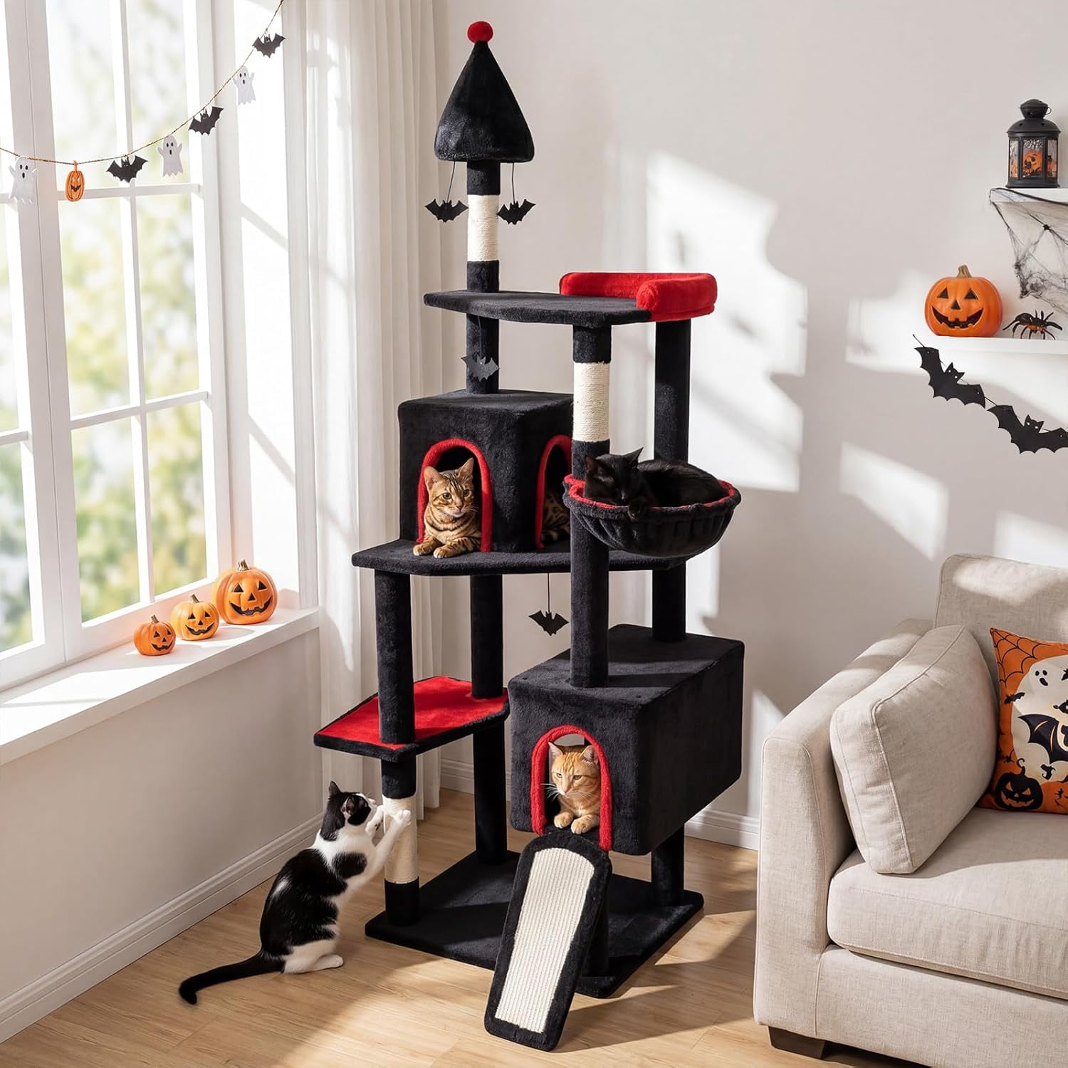 YounGG Gothic Cat Tree, 75" Tall Halloween Cat Tower with Sisal Scratching Posts & Ramp, 2 Condos, Top Perch, Bat Hanging Toys, Basket, Heavy Duty Black Goth Cat Tree for Indoor Large Cats 20+ LBS