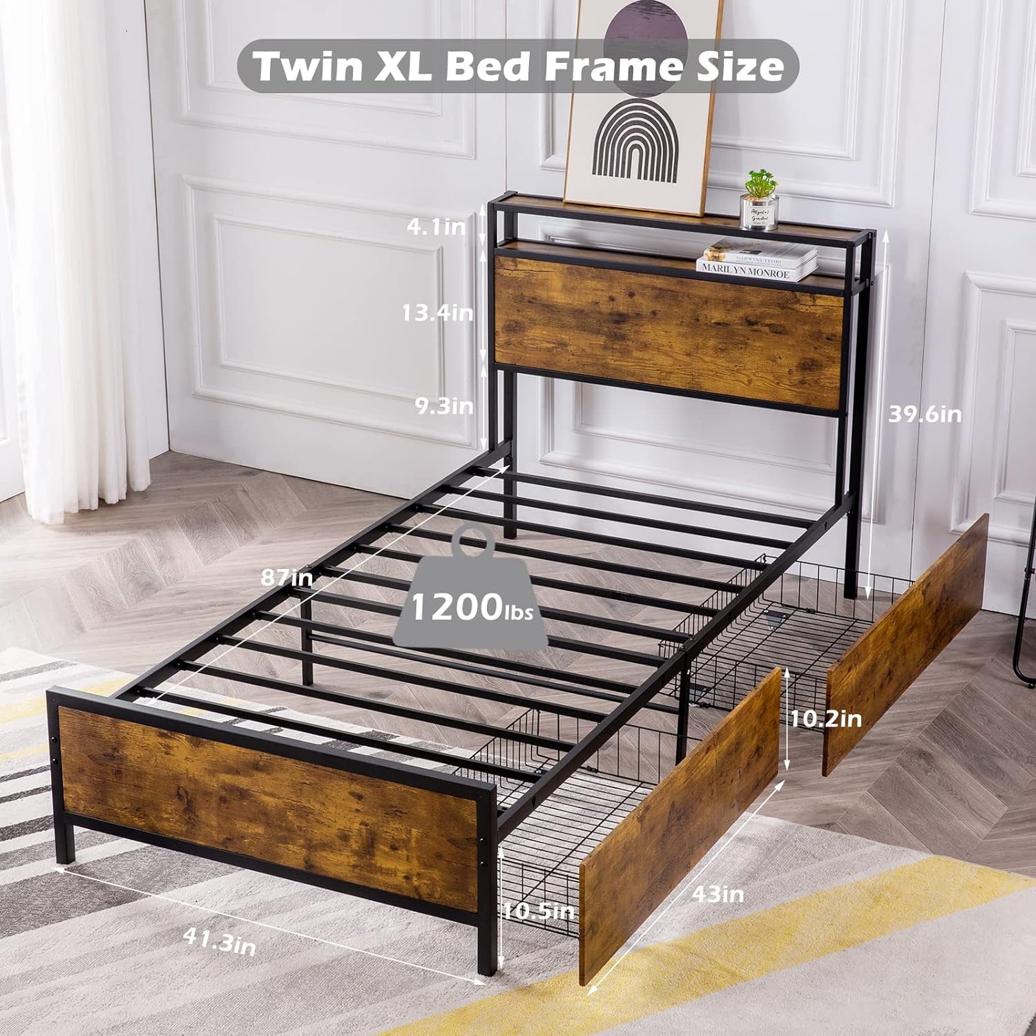Reliancer Twin-XL Bed Frame with 2 XL Storage Drawers, Platform Bed Frame with 2-Tier Headboard, Strong Metal Slat Support/No Box Spring Required/Easy Assembly, for Teenagers Adults