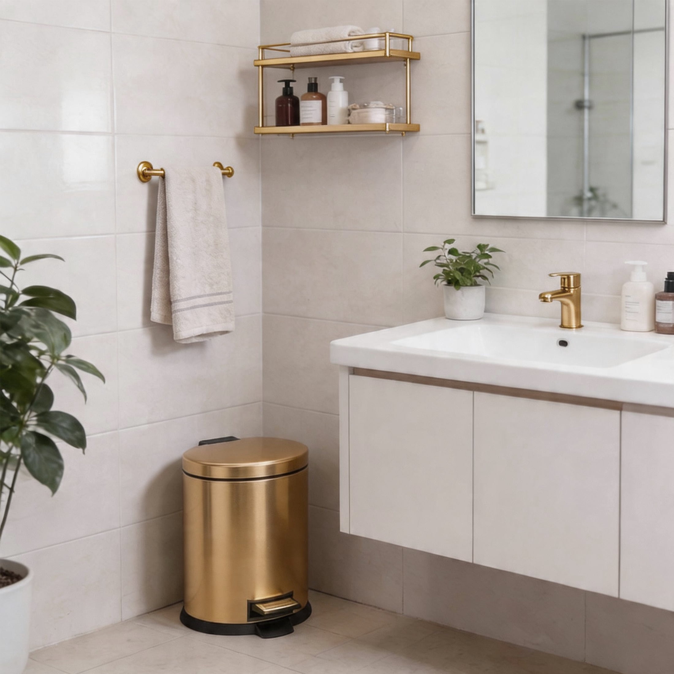 Koomade 2 Pack Bathroom Trash Can, 1.3 Gallon Stainless Steel Step Garbage Bin with Lid, Gold