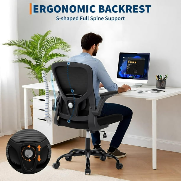Historyli Silla ergonómica giratoria de oficina,respaldo medio de malla,altura ajustable,brazos abatibles y soporte lumbar,color negro.