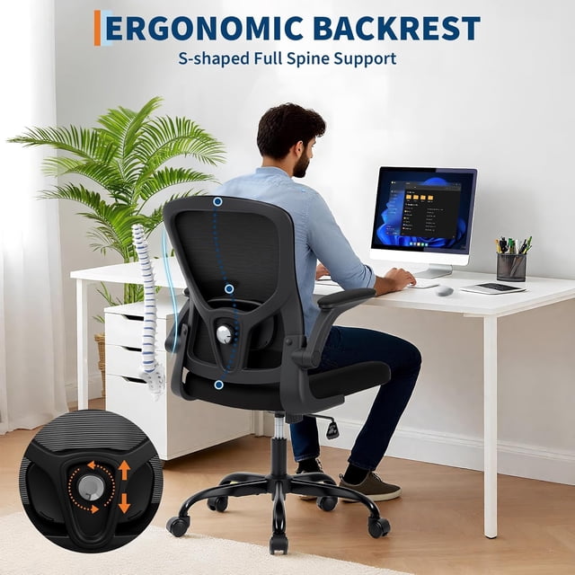 Historyli Silla ergonómica giratoria de oficina,respaldo medio de malla,altura ajustable,brazos abatibles y soporte lumbar,color negro.