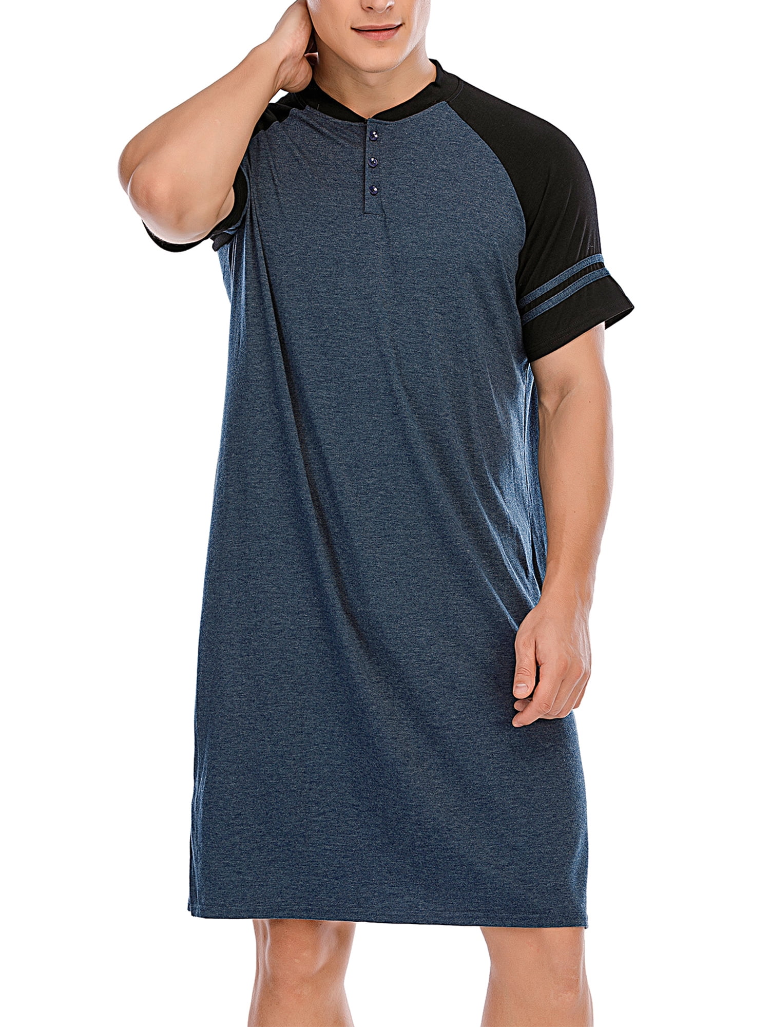 Youloveit Men's Nightshirt Short Sleeve Henley Kaftan Sleepshirt Comfy